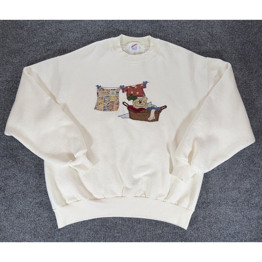 VTG 90s Jerzees Sweathshirt Teddy Bear Laundry Basket Embroidered USA Made Large